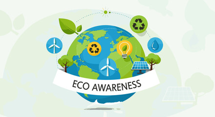 Fototapeta premium Eco awareness concept with a green earth globe surrounded by environmental sustainability icons and a banner.