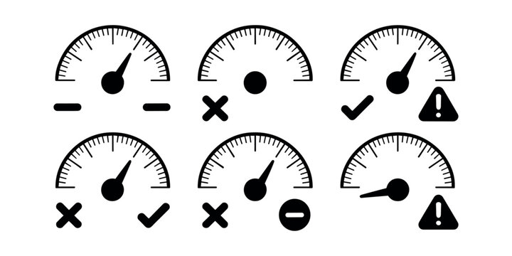 Six black gauge meter dials with checkmarks crosses minus signs and warning symbols indicator