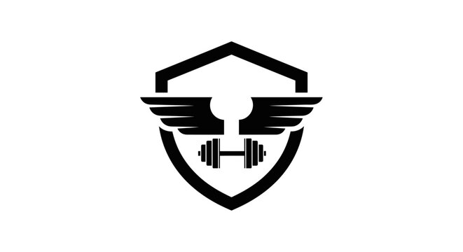 Winged dumbbell shield logo symbol 1.