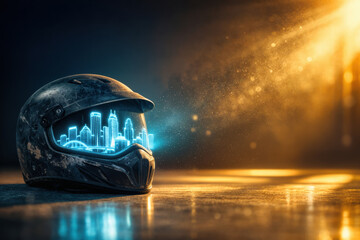 Naklejka premium X Games Summer X Games Minneapolis legacy helmet with holographic Minneapolis skyline projection neon blue and golden hour light cinematic editorial concept