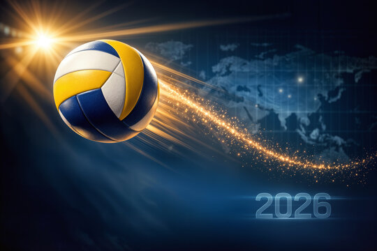 Volleyball world championship 2026 soaring spike with golden comet trail and holographic map dramatic sports editorial composition for international tournament promotion