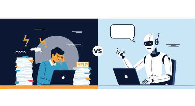 Comparison illustration shows a stressed human office worker overwhelmed by paper versus an efficient robot on a laptop.