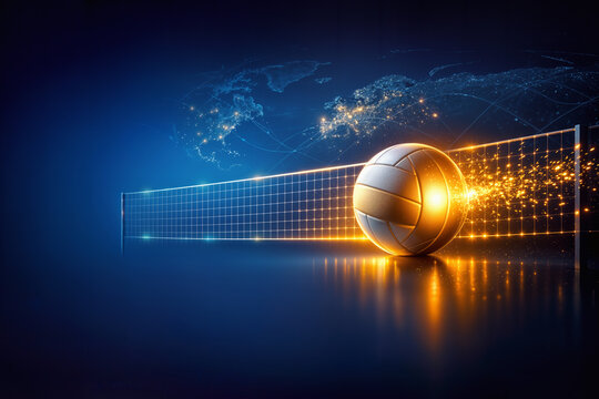 World Volleyball Championship 2026 abstract 3D render with glowing net golden volleyball cosmic blue global map September tournament concept poster banner corporate elegance