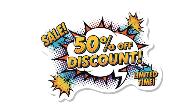 Dynamic 50% Off Discount Sticker in Comic Pop Art Style for Limited Time Promotions and Sales Campaigns