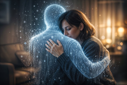 Woman embracing fading holographic loved one in living room exploring AI ethics digital afterlife bereavement technology data privacy grief virtual immortality and memory