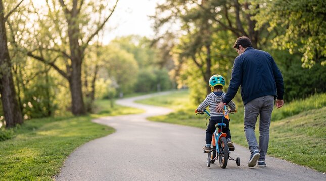 Father guiding young child learning bicycle.