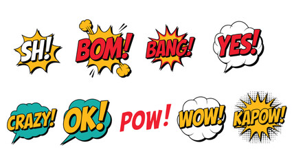 Comic book speech bubbles vector set, pop art dialogue balloons with explosion shapes, halftone effects, and sound effect elements for comics, cartoons, posters, and graphic design © Gary D. Marlow