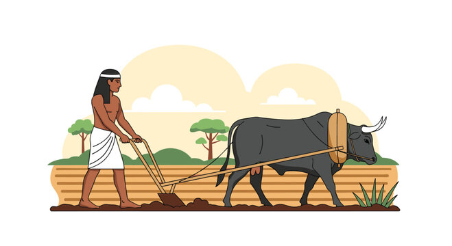 Ancient Egyptian farmer plows a dry field using a traditional wooden plow pulled by a large ox under a hazy morning sun.