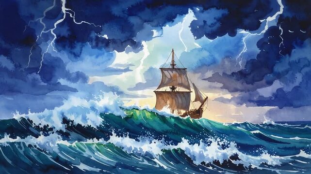 Sailing ship battling towering waves beneath lightning filled storm clouds in wild ocean