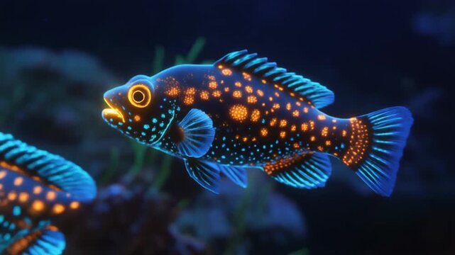 Bioluminescent fish with glowing orange spots and radiant blue fins, symbolizing underwater mystery, vibrancy, and surreal aquatic beauty.