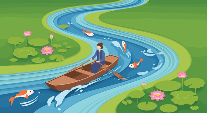 Woman rows a small wooden boat down a calm blue river winding through a green field with blooming pink lotus flowers.