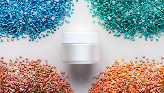 Symmetrical Arrangement of Vibrant Multi-Colored Ocean Plastic Granules Scattered Around a White Container