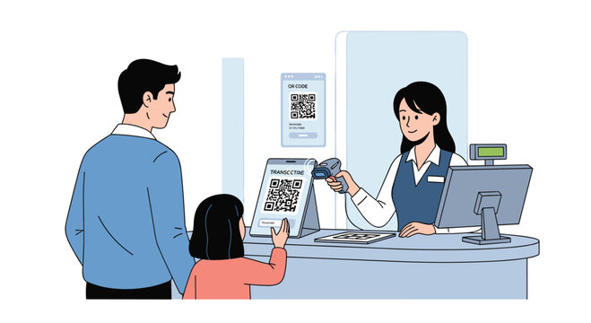 Modern shopping experience showing a father and daughter at a retail counter using a digital QR code for quick payment with a helpful cashier.