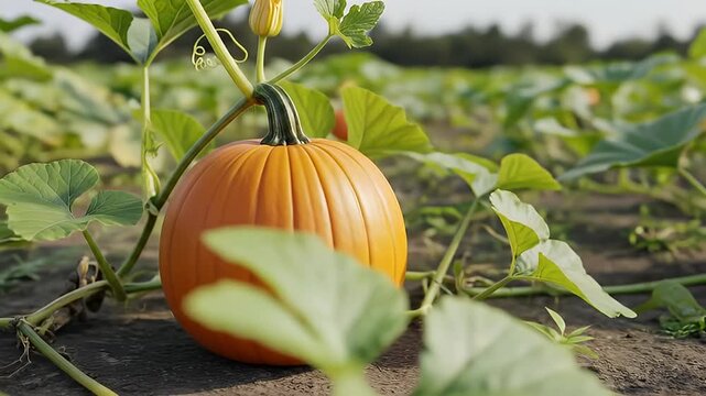 Orange pumpkin still on the vine with green leaves in an outdoor field setting