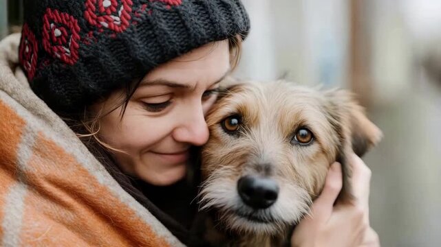 A woman wraps her arms around her dog while standing outside in the city. They share a moment of affection on a cool afternoon. The dog looks content and relaxed in her embrace