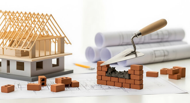 Construction model home with brick wall and tools on blueprints high quality