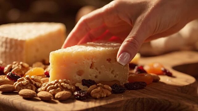 Hand Picking Artisanal Cheese Wedge with Gourmet Nuts  Dried Fruits on Rustic Wood.