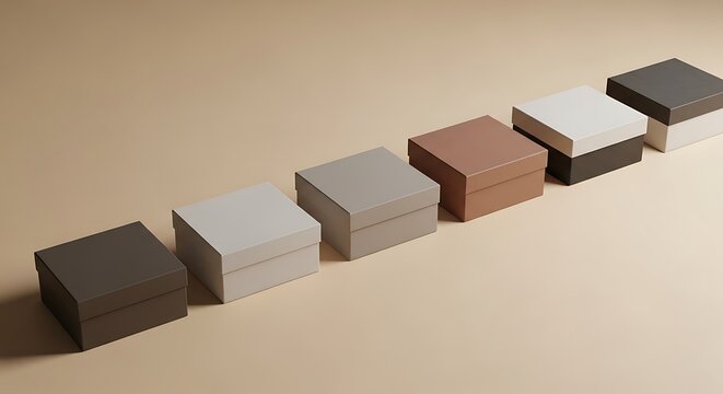 A line of 12 square boxes featuring a minimalist color palette of neutral earth tones arranged neatly on a beige background for professional design use