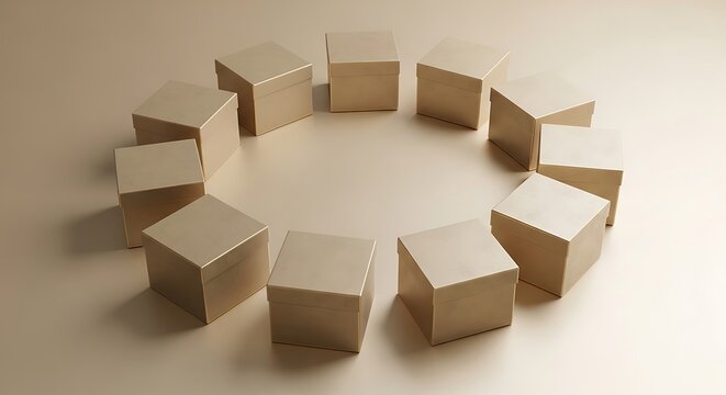 A top-down view featuring 12 square boxes arranged in a neat circular pattern on a clean monochromatic gold surface, representing organization and order