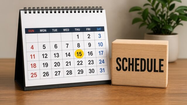 A desk calendar with a highlighted date and a wooden block labeled "SCHEDULE," symbolizing organization and planning.