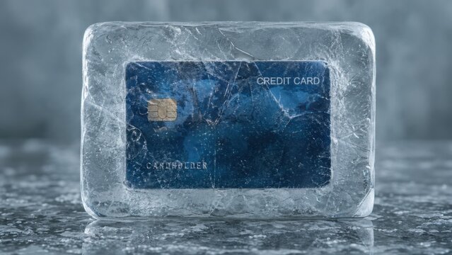 A frozen credit card encased in ice, symbolizing finance and the concept of being "frozen" financially.
