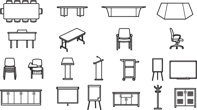 A curated collection of minimalist line art of various office furniture, perfect for design and architectural projects.