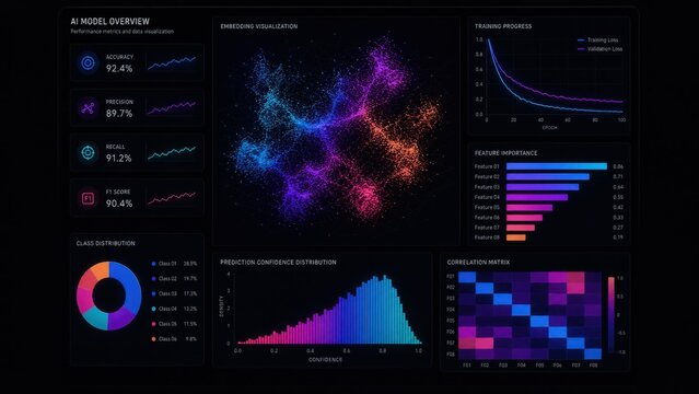 A vibrant data visualization dashboard showcasing AI model metrics, including accuracy, training progress, and feature importance.