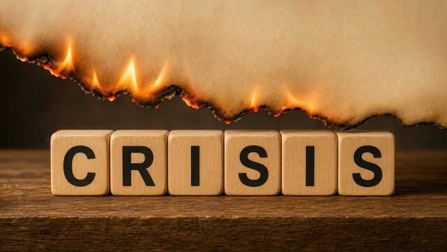 A close-up of wooden blocks spelling "CRISIS," with a burning edge creating a dramatic visual representation of urgency.