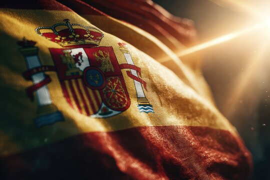 Sunlit Spanish flag waves with emblem, a symbol of national pride and heritage