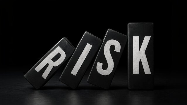 A dramatic close-up of black blocks with the word "RISK" prominently displayed, emphasizing concepts of danger and uncertainty against a dark background.
