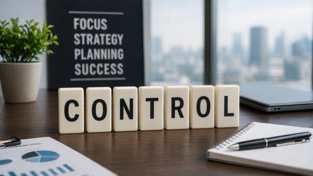 A workspace featuring the word "CONTROL" in letter blocks, alongside a planner and charts, emphasizing focus, strategy, and planning for success.