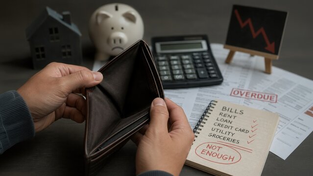 A person checks an empty wallet amidst bills, a calculator, and financial documents, highlighting financial stress and budgeting challenges.
