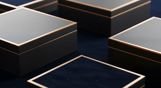 A collection of 12 square boxes featuring sleek black and gold luxury packaging arranged on a dark blue background for a sophisticated product presentation
