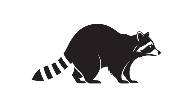 Raccoon animal logo icon with thick black silhouette and white outline and angled stripes for branding mascot featuring vector, emblem, badge with