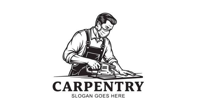 Carpentry logo with a carpenter hand drawing hammer and toolbox icon and bold CARPENTRY headline vector style featuring workshop, woodwork, handyman