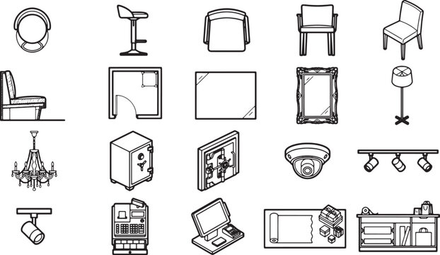 Diverse set of stylish illustrations of room features and household furnishings.