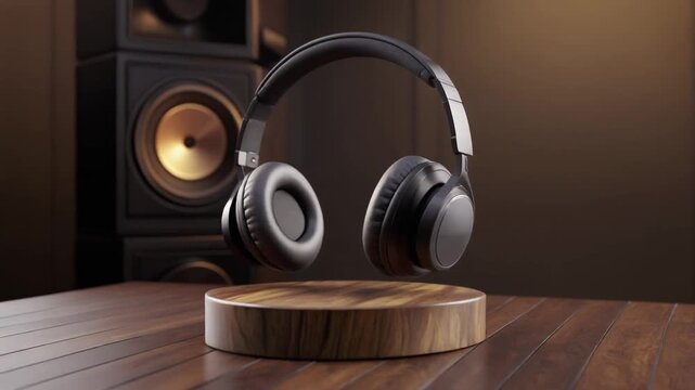 Floating black headphones above wooden platform with golden speaker background, symbolizing sound quality, design, and modern audio aesthetics.