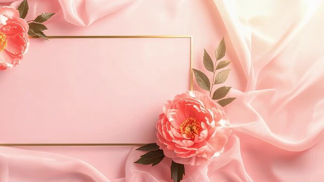 Pink satin fabric background with coral flowers and elegant golden rectangular frame creating floral wallpaper