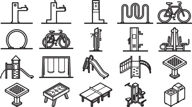 A set of playful illustrations showcasing various playground facilities and equipment, offering visual resources for different recreational areas and their applications. 