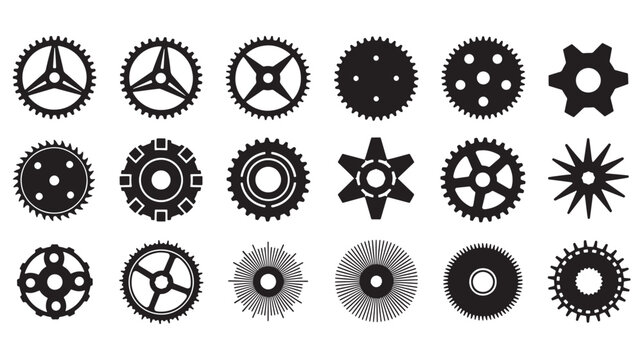 Gear icon set with rotating cog wheels, turbine-style cogs, and starburst effects on clean vector background featuring cogwheel, mechanical symbols,