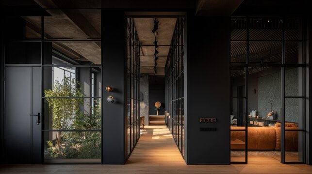 Modern interior hallway features dark framing and glass partitions adjacent to interior garden space