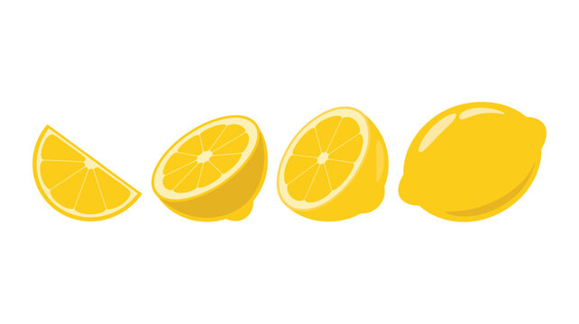 Lemon slices and whole lemon vector illustration, fresh citrus fruit arranged in a row on white background for food design, juice branding, healthy lifestyle graphics, and kitchen decor