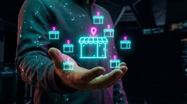 Hands Holding Holographic Storefronts in a Digital Environment  