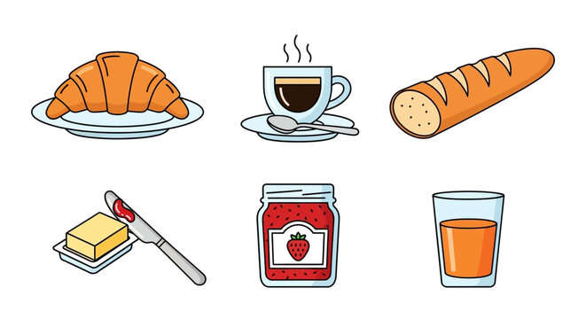 A vector illustration of a delightful continental breakfast, featuring a buttery croissant on a plate, hot coffee, a crusty baguette, butter with a knife, strawberry jam, and a glass of oran