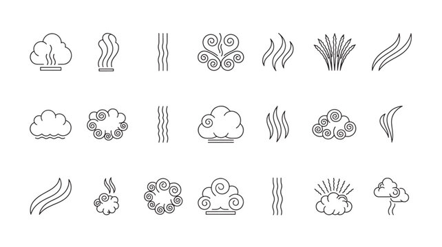 Smoke icon pack with swirling wisps, cloud puffs, and wind-like lines for premium vector and outline designs featuring steam, fog, vapors with mist