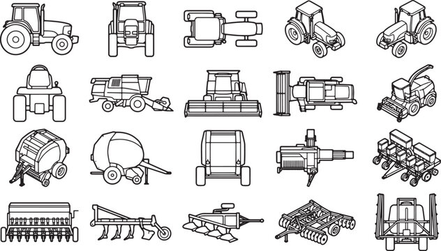 Agricultural machinery icons, a comprehensive collection of isolated agricultural equipment in a photorealistic and minimalist style, perfect for illustrating farming, agriculture and industry.