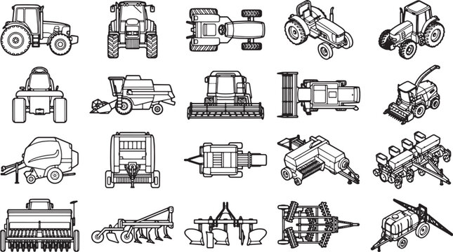 Illustration showcasing a comprehensive collection of diverse agricultural machinery. From tractors to harvesters, planters to balers, each vehicle is presented in a clean, minimalist style.