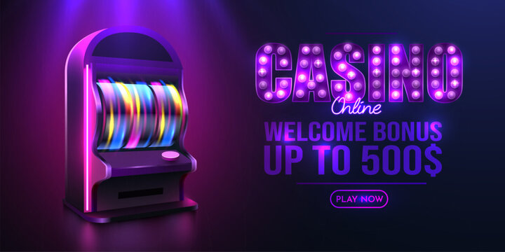 Neon casino slot machine with online welcome bonus offer. Glowing purple gambling banner. Vector illustration