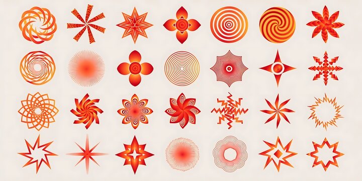 Arrangement of 25 abstract geometric forms and swirling patterns in red and orange with abstract background pattern background design elements graphic design abstract shapes arrangement