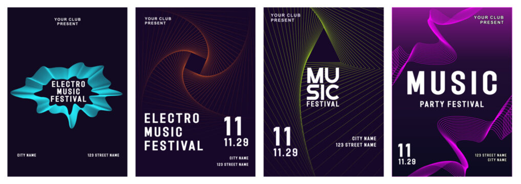 Music poster design background vector set. Electro Sound Cover template with vibrant abstract gradient geometric shape and line wave. Ideal design for social media, flyer, party, music festival, club.
